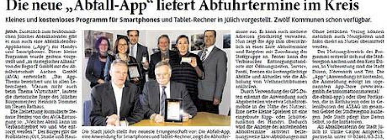 Ein Bericht zur neu eingeführten AbfallApp aus der Jülicher Zeitung/Jülicher Nachrichten vom 29.01.2014